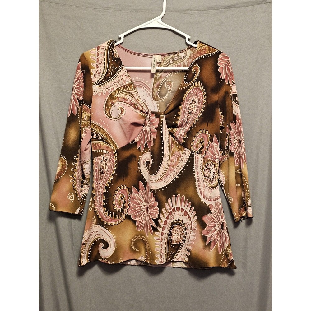Susan Lawrence Womens Blouse Medium Pink Brown Paisley Twist Front 3/4 Sleeve...